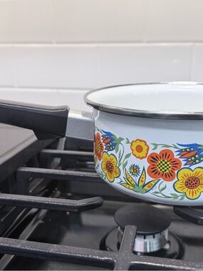 Vintage 70’s Enamel Floral Saucepan - White with Orange & Yellow Floral Pattern